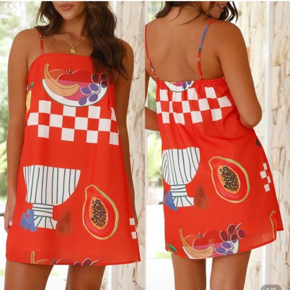 Women Slip Dress, Spaghetti Straps Fruit Backless Graphic Print A-Line Dress